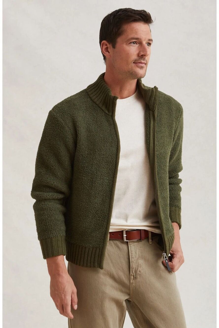 Kashwere Mens Cozy Full Zip Jacket Olive Green Lightweight L NWT